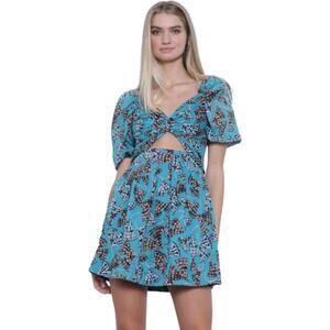 Karina Grimaldi Womens Ellis *IN Teal Navy Abstract Floral* Mini Dress Medium